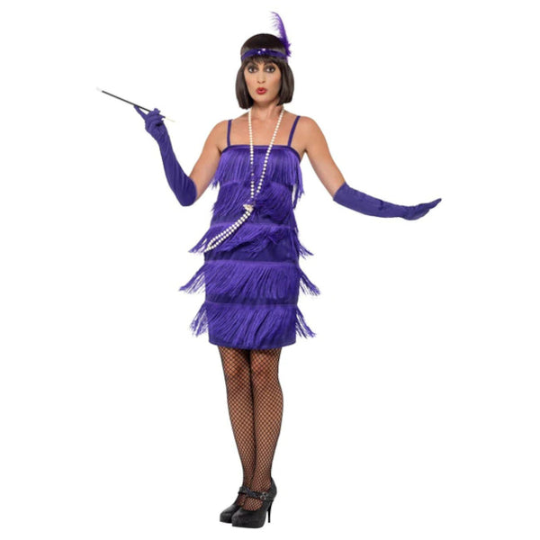 flapper costume, purple short dress, fringing back and front.