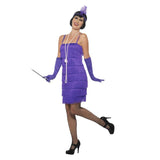 flapper costume, purple short dress, fringing back and front.