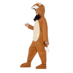 Fox costume for a child, brown jumpsuit with attached hood and tail.