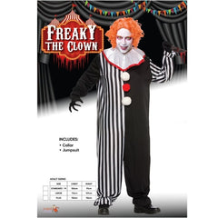 Second image of the Freaky the Evil Clown costume showing the contrasting black and striped design of the jumpsuit, detailed neck frill, and pom poms from a different angle.