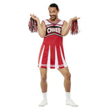 give me a mens cheerleader costume in red, white and black. "Cheer" print on the front with faux pleats and pom poms.
