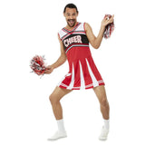 give me a mens cheerleader costume in red, white and black. "Cheer" print on the front with faux pleats and pom poms.