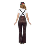 Glam Gangster Costume, Black & Red stripe high waisted trousers, top with mock braces, scarf and hat.