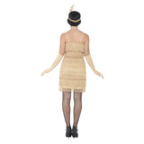 gold ladies flapper dress with fringing on back and front.