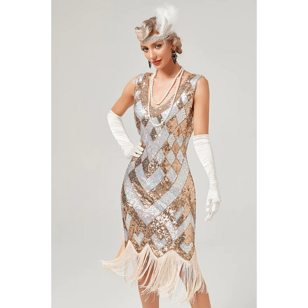 1920s Golden Sequined Gatsby Dress Gold Hire Cracker Jack