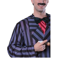 Gomez Addams Family Men's Halloween Costume blue and black strip jacket and pants, attached shirt front and bow tie.
