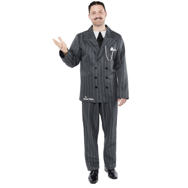 Gomez Addams Family Men's Costume, pinstripe jacket with mock top,, pants and mo.