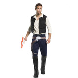 Han solo adult costume with shirt and attached vest, blue pants with attached boot tops, brown belt and gun holster.