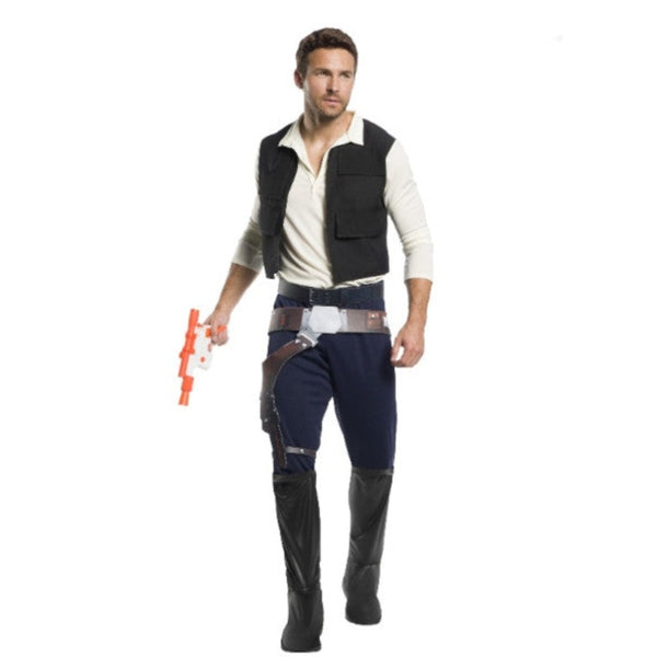 Han solo adult costume with shirt and attached vest, blue pants with attached boot tops, brown belt and gun holster.
