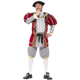 Front view of the Henry VIII Deluxe Costume featuring grey knee-length trousers and a regal red tunic with puffy sleeves, styled to reflect the iconic Tudor monarch’s look.