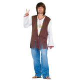 Hippie fringed vest for adults from dr toms, brown vest with fringing at hemline and floral trim.