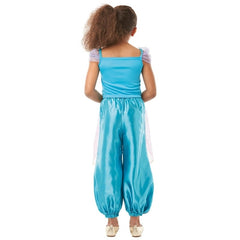 jasmine gem princess costume child, glitter print on brocade trim, and tulle off the shoulder detail.