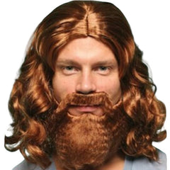 Jesus Wig in Auburn, long curly synthetic fibre wig for biblical and religious costumes.