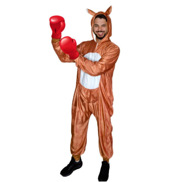 Adult kangaroo costume with hood and front pouch – Outback animal onesie.