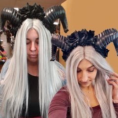 Black horn headband with lace and roses – fantasy festival costume accessory.