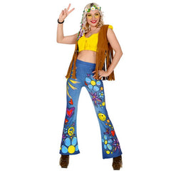 Ladies 70s hippie jeans style leggings with retro print, peace and love costume look