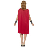 Ladies roman warrior costume with attached red cape, knee length.