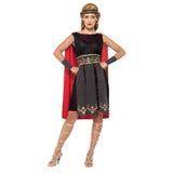 Ladies roman warrior costume, dress attached cape and arm cuffs and headband.