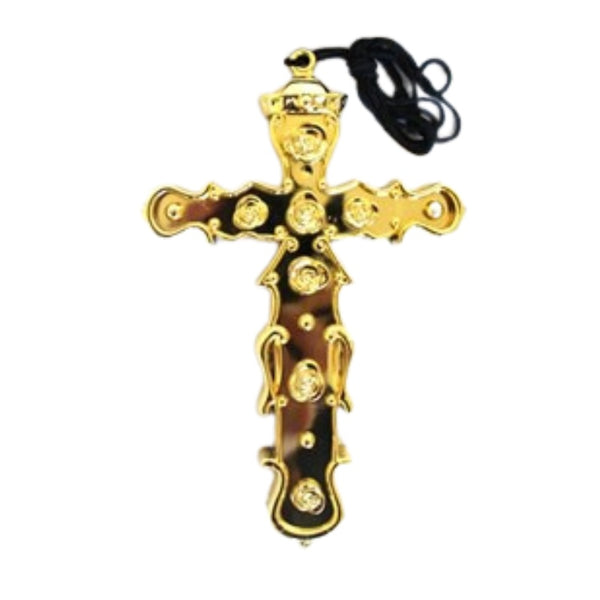 Latin cross necklace in gold on black cord.