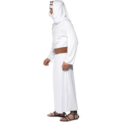 White Lawrence of Arabia costume with robe, headpiece, and belt – desert explorer outfit