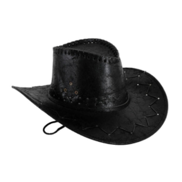 Black leather look cowboy hat with chin strap – Western costume accessory