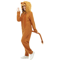 Adult lion costume jumpsuit with front zip, velveteen belly, and lion face hood – unisex safari or jungle-themed outfit.