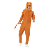 Lion costume for adults, jumpsuit in caramel with attached hood and tail, zip up at front.