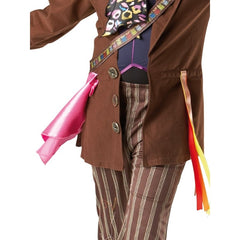 Adult Mad Hatter costume with mock jacket, striped pants, bowtie, and top hat with attached wig