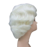 marilyn white wig with soft wave at sides.