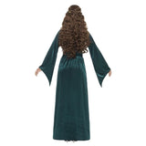 Medieval green maid costume in velvet with flowing sleeves.