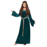 Medieval green velvet maid costume featuring gold braid belt/sash, round neck and flowing sleeves.