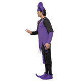 Medieval Jester Adult Black & Purple Costume, top, knee length pants and jester hat with bells.