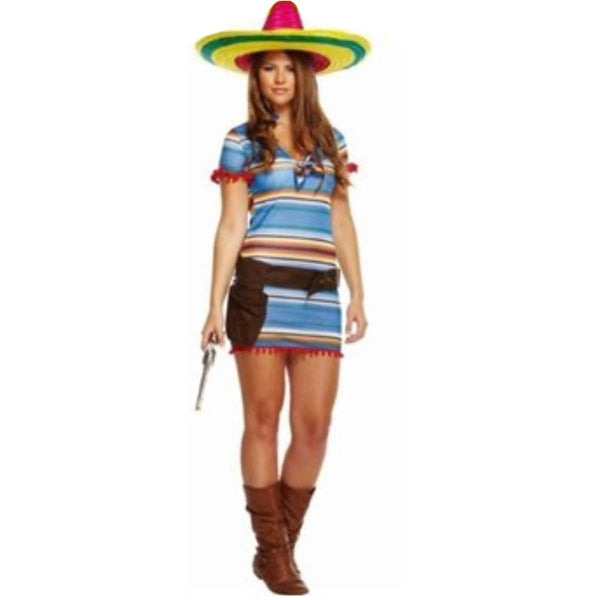 mexican woman costume, lightweight stripe short dress with pom poms at hem and short sleeves plus belt.