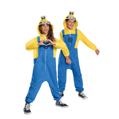 Child Minion costume jumpsuit from Despicable Me 4 with hood, sewn goggles, and 3D spiky hair