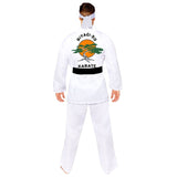 Miyagi De Karate Mens Costume, white top, pants, black belt and iconic headband plus large logo on back.