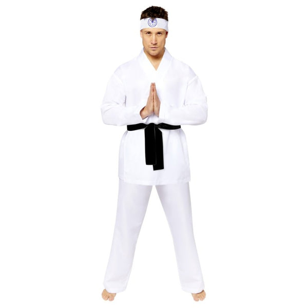 Miyagi De Karate Mens Costume, white top, pants, black belt and iconic headband.