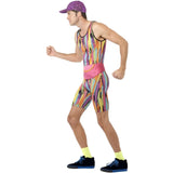 Side view of the Mr Energizer costume showing the all-in-one rainbow shorts, sequin cap, and bright pink bum bag for a bold 1980s look.