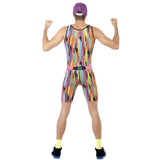 Back view of the Mr Energizer costume featuring the all-in-one rainbow tank top and shorts, sequin cap, and pink bum bag for a fun retro 1980s vibe.