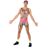 Front view of the Mr Energizer costume showing the vibrant all-in-one rainbow tank top and shorts, paired with a shiny sequin cap and a bold pink bum bag for a classic 1980s party look.