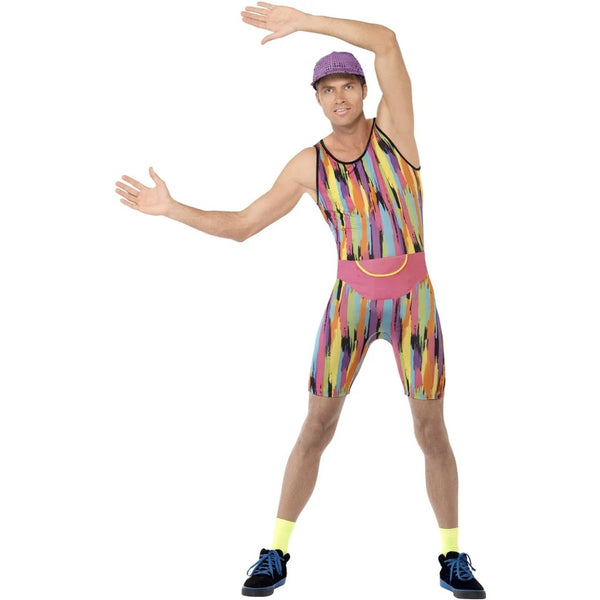 Mr Energizer costume with multi-coloured jumpsuit, purple cap, and pink bum bag