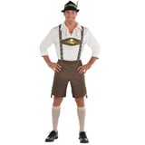 Mr Oktoberfest costume, brown lederhosen cream shirt and green alpine hat.