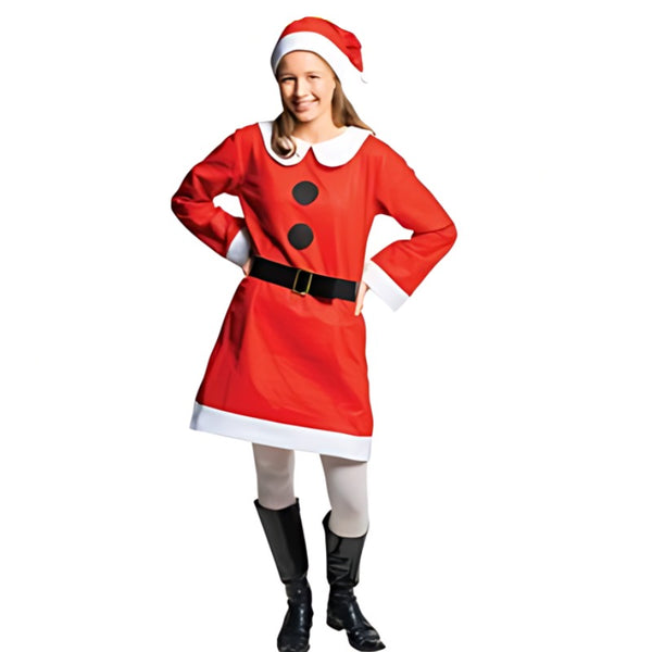 Mrs Claus ladies costume by FunKiwi, made from red felt with peter pan collar, long sleeves, belt and matching Santa Hat.