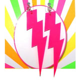 neon lightning earrings in neon pink, clip on.
