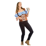 Oktoberfest top for ladies, corset style top in brown and blue check.