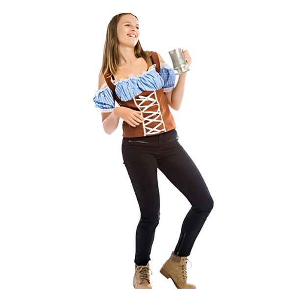 Oktoberfest top for ladies, corset style top in brown and blue check.