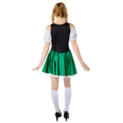 Oktoberfest Women’s Costume – front view featuring an off-the-shoulder mini dress with Bavarian-style printed bodice, gathered satin ruching at collar and sleeves, attached apron, and lace-trimmed hem.