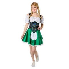 Oktoberfest Women’s Costume – front view featuring an off-the-shoulder mini dress with Bavarian-style printed bodice, gathered satin ruching at collar and sleeves, attached apron, and lace-trimmed hem.