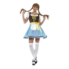 Olga Bavarian Costume, short dress with apron, mock suede bodice and top with no stretch.
