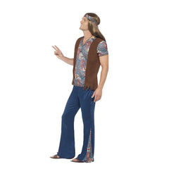 Orion the Hippie Men's Costume with paisley shirt, blue flares, headscarf and medallion