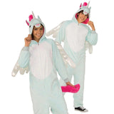 pegacorn mythical animal costume in light blue, pink tail and cone and irridescent wings.
